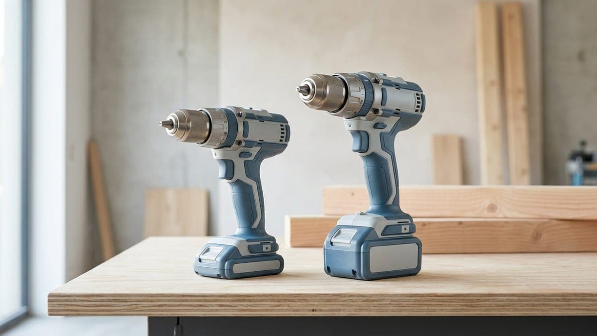 Deux perceuses-visseuses sans fil sans marquage posées debout côte à côte sur un établi en bois, batteries montées, celle de gauche nettement plus courte et plus fine que celle de droite