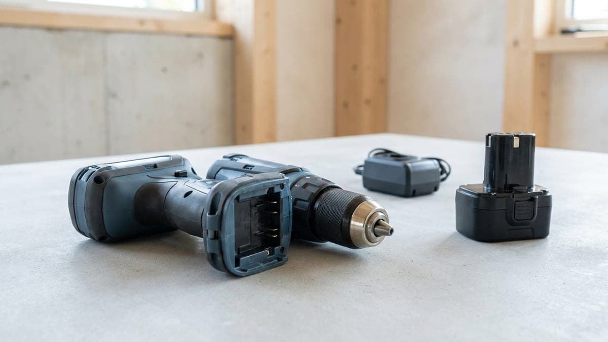 Perceuse-visseuse à percussion sans fil couchée sur un plan de travail en béton clair, mandrin métallique tourné vers l'objectif, une batterie lithium-ion et un chargeur posés séparément à côté d'elle