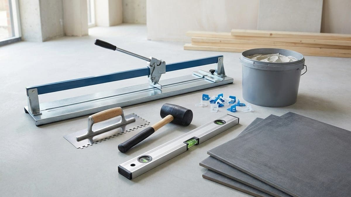 Outils de carreleur disposés sur un chantier : carrelette, peigne à colle, croisillons et niveau