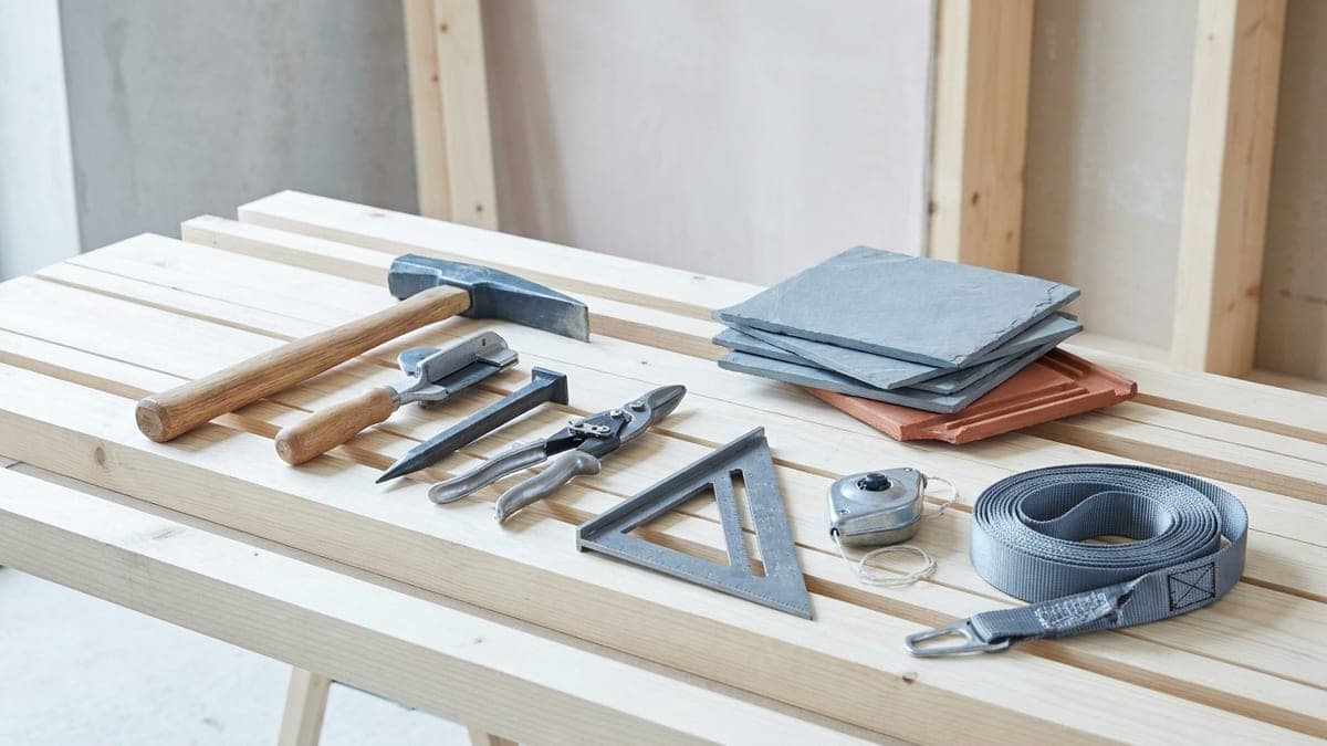 Outils de couvreur alignés sur des liteaux de toiture devant une pile d'ardoises et une tuile en terre cuite : marteau de couvreur, enclumette, cisaille à tôle, équerre de charpentier, cordeau traceur et sangle de harnais