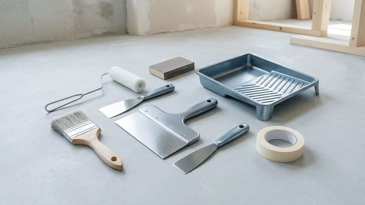 Outils de peintre en bâtiment posés au sol devant un mur en préparation : brosse à rechampir, manchon de rouleau sur sa monture, trois couteaux à enduire de largeurs croissantes, cale à poncer, camion de peintre et rouleau d'adhésif de masquage